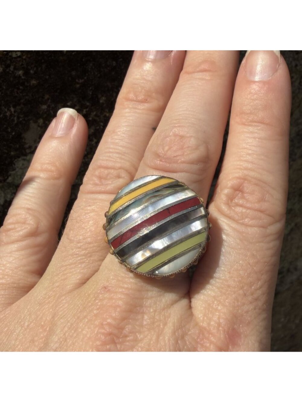 Southwestern Multi Stone Striped Inlay Ring 8 Sterling Silver MOP Jasper Boho - Picture 13 of 15